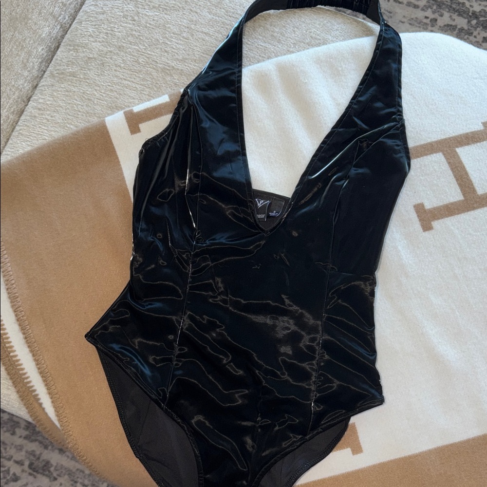 Windsor Glossy Black Halter Pleather Bodysuit